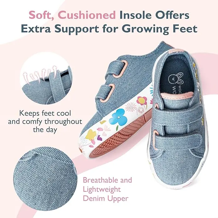 Toddler Non-Slip Tennis Shoes, Denim Flowers_waddlewonder_4.webp