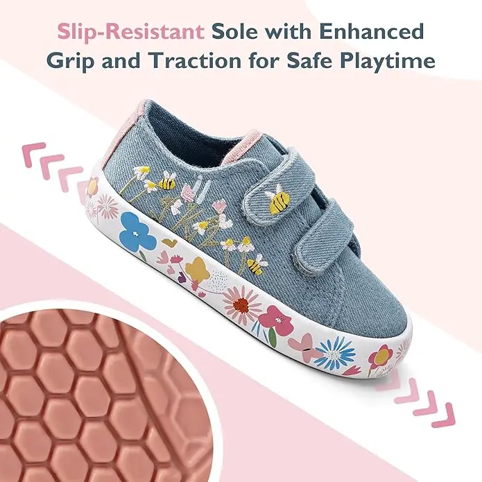 Toddler Non-Slip Tennis Shoes, Denim Flowers_waddlewonder_5.webp