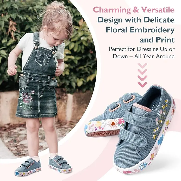 Toddler Non-Slip Tennis Shoes, Denim Flowers_waddlewonder2.webp